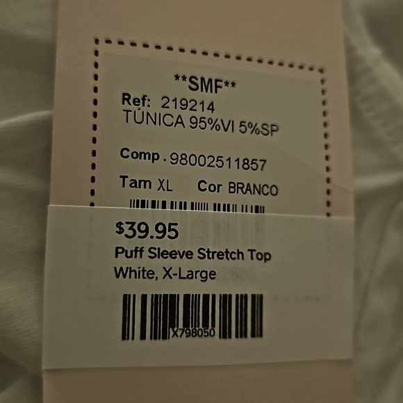 White Puff Sleeve Stretch Top SMF Studio Collection X-Large NWT $39 - Picture 8 of 8